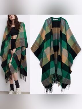Zara Wool Blend Cape Green Wrap Scarf Shawl Plaid Oversized Poncho Fringe M